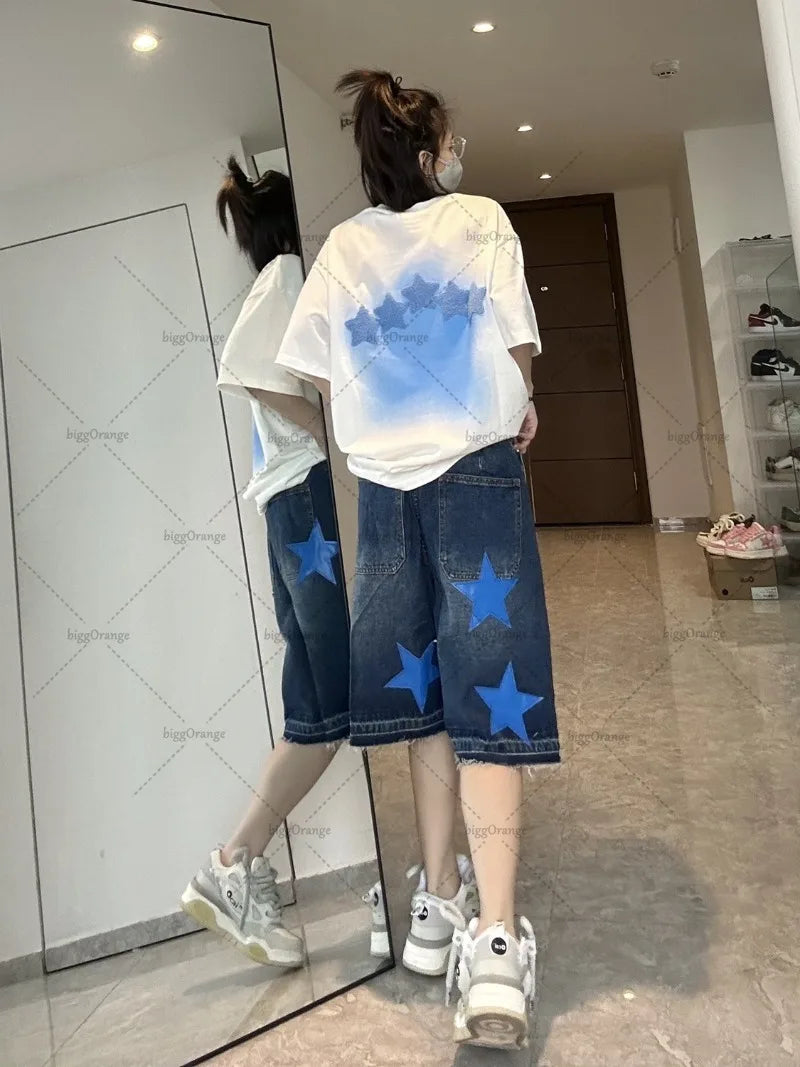 Street Trendy Brand Loose Straight Cropped Pants Women American Retro Star Embroidered Denim Shorts Hip Hop Dance Clothing Men