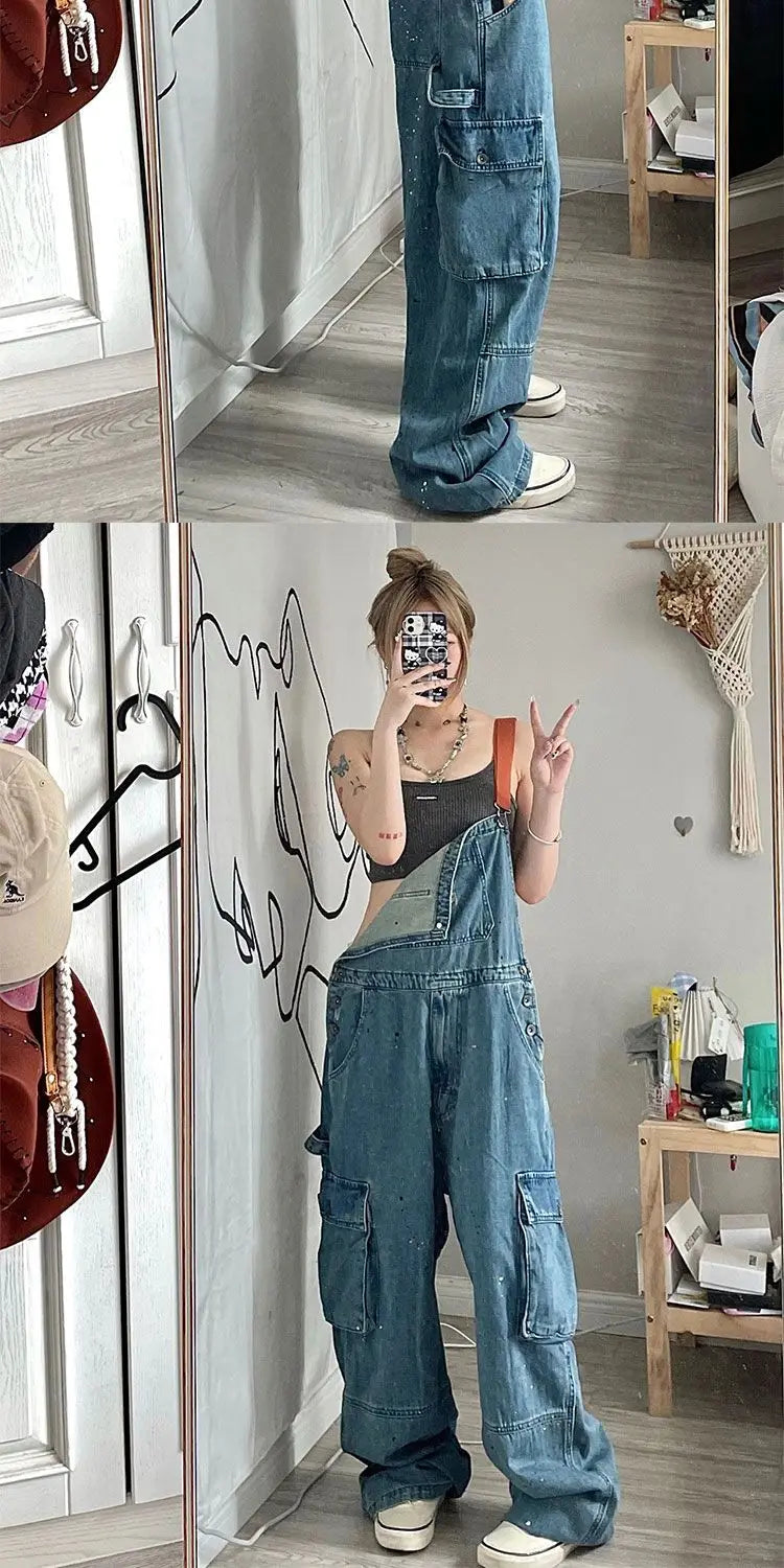 Cool Girl Style Embroidered Spicy Ink Denim Strap Jumpsuits Women's Autumn/Winter Large Loose and Slim Retro One Piece Pants