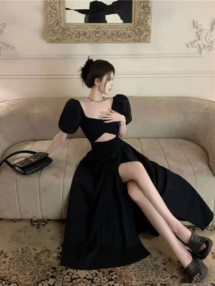 Short Puff Sleeve Black Dress Women Hollow Out Design Split Square Collar Temper Korean Style Fashion Ladies Attractive Ulzzang