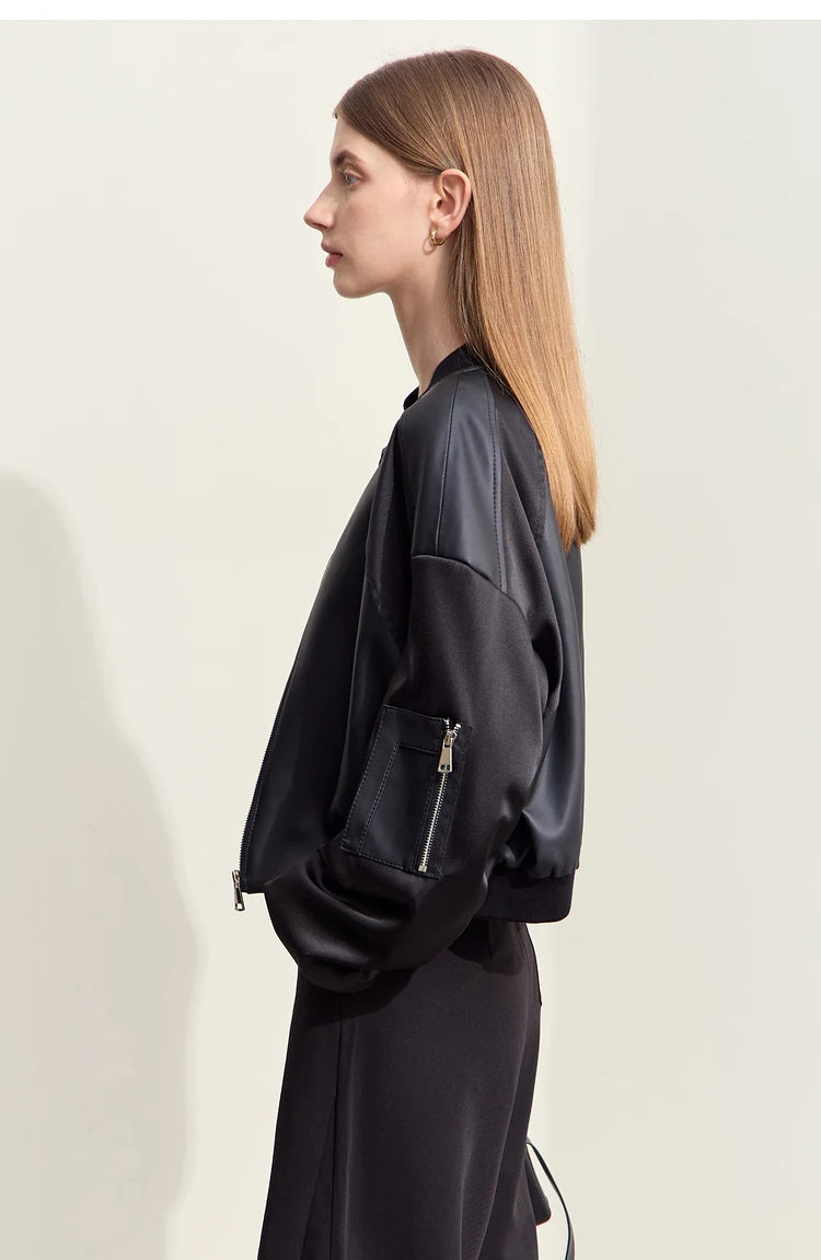 Amii Minimalism PU Leather for Women 2024 Autumn New Casual Handsome Baseball Collar Zipper Short Retro Female Jacket 12423080