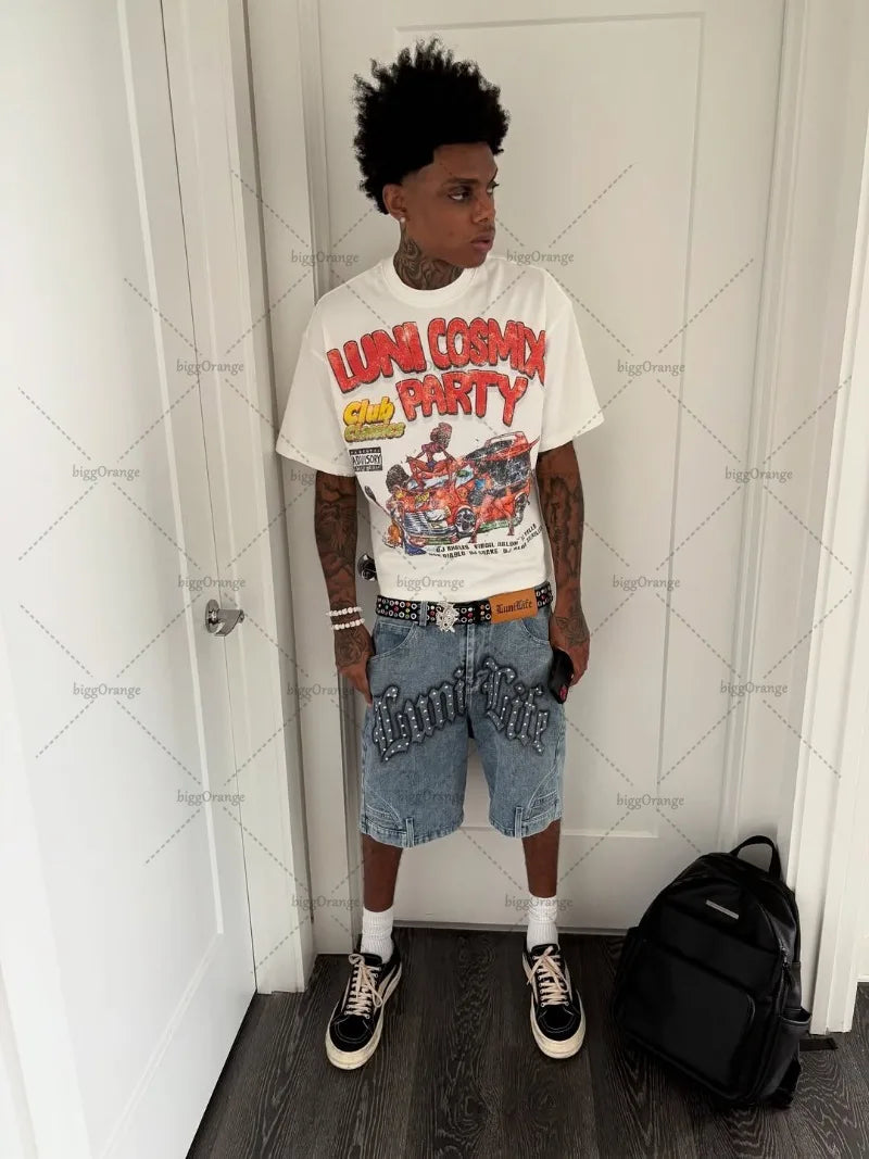 Summer Retro Letters Fashionable Loose Cotton White T-shirt Men American New Street Hip-hop Casual Oversized Short-sleeved Women