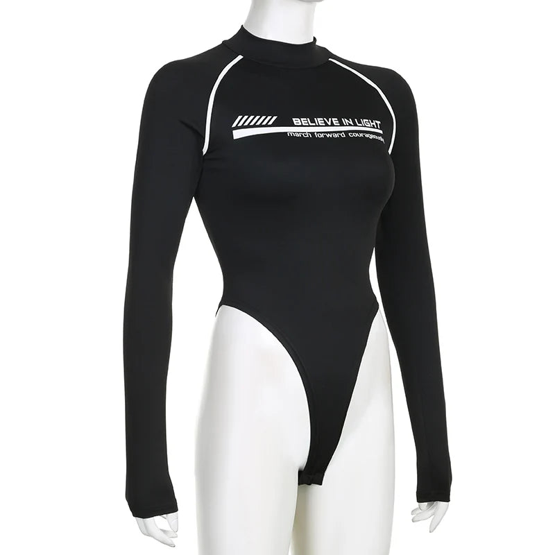 Rockmore Fashion Bodysuits Women Streetwear Print Jumpsuit Female Moto Biker Workout Long Sleeve Body Tops Casual Rompers Mujer