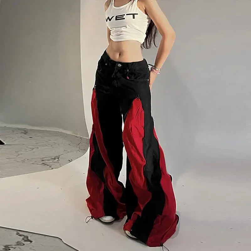 Women's Hip Hop Two-tone Patchwork Low Rise Zipper Denim Pants Baggy Wide Leg Dragging Designer Trousers High Street Jeans Pants