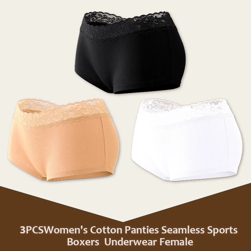 3Pcs Women's Cotton Lace Panties Boxers Seamless Boxer Underwear Female Solid Color Briefs Cozy Lingerie Intimate Underpant S-XL