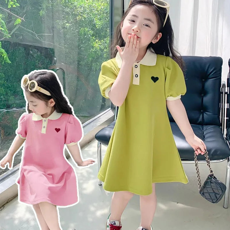 2024 New Children's Summer Dress Girl's Korean Edition love Bubble Sleeves Flip Collar Dress 1-12 Year Old Princess Dress