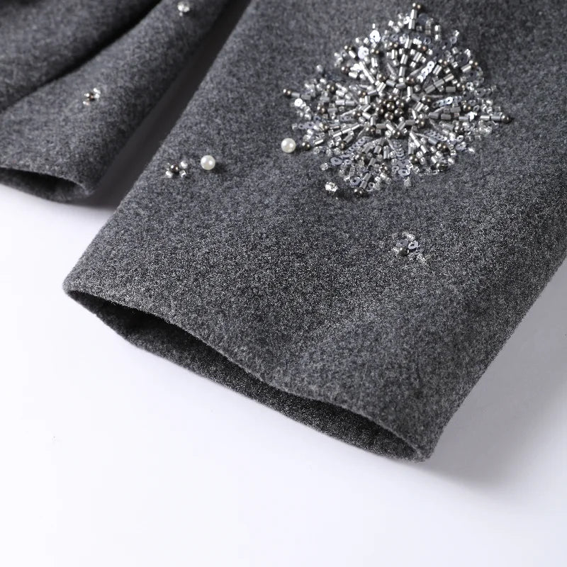 Casual Embroidery Beading Loose Women Coat Lapel Collar Bat Sleeve Solid Wool Blend Jacket 2025 New Lady Luxury Spring Outerwear