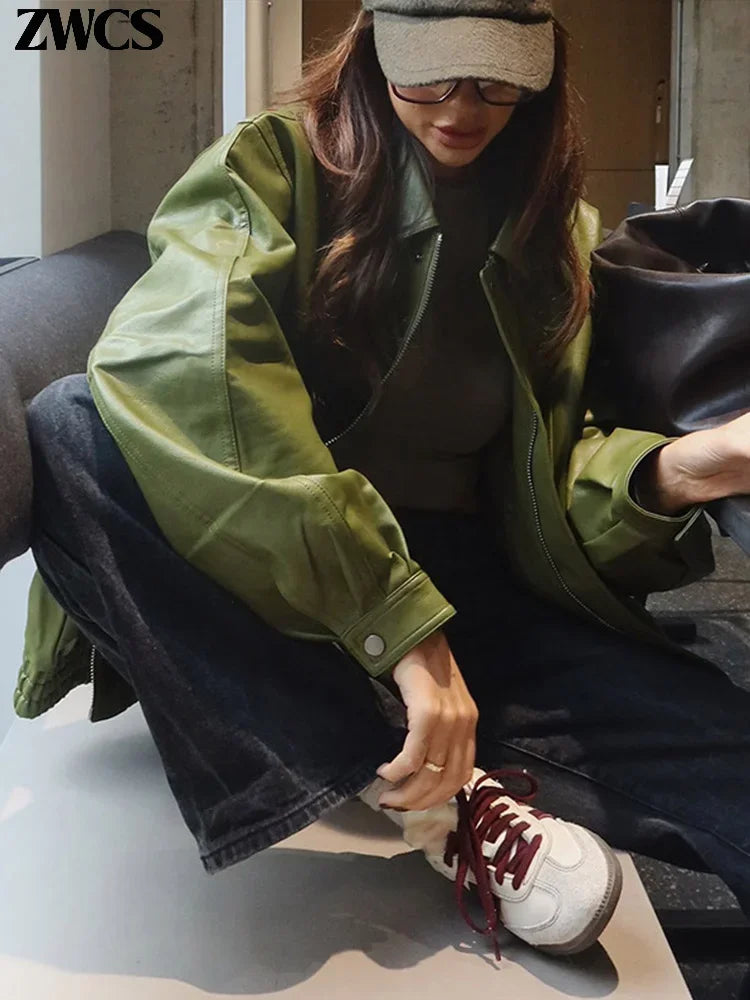 Fashion Green PU Leather Jacket Women Laple Zipper Loose Full Sleeve Single Breasted Cropped Coat 2024 New Lady Solid Streetwear