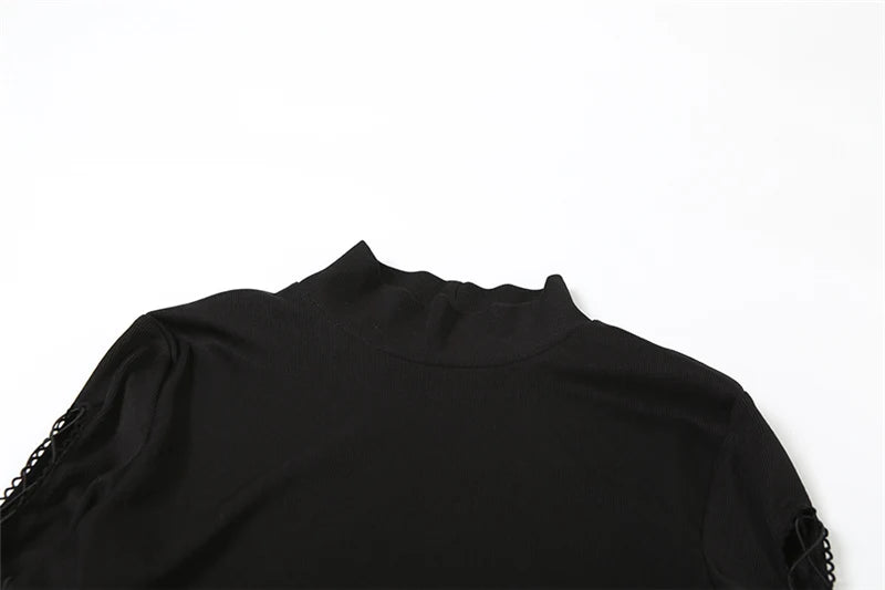 SylCue Irregular Hollow Solid Skinny Bodysuit Women Turtleneck Shirring Full Sleeve Spicy Girl Fashion Trend Classic Streetwear