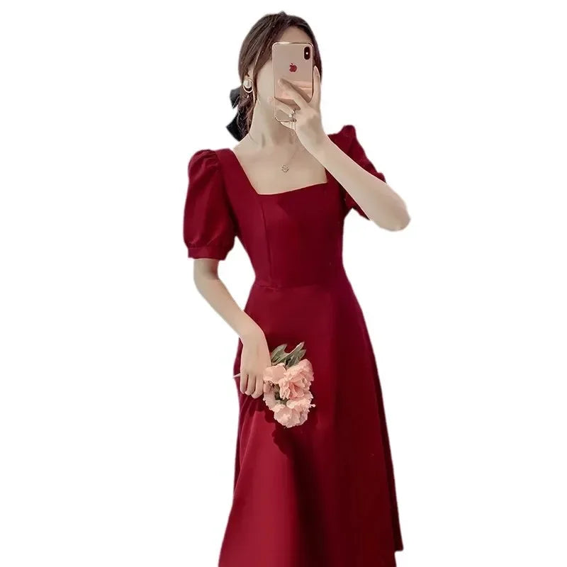 Summer French Vintage Hepburn White Long Dress Slimming High Waist Square Neck Bubble Skirt Women's Fashionable Knee-Length Dres