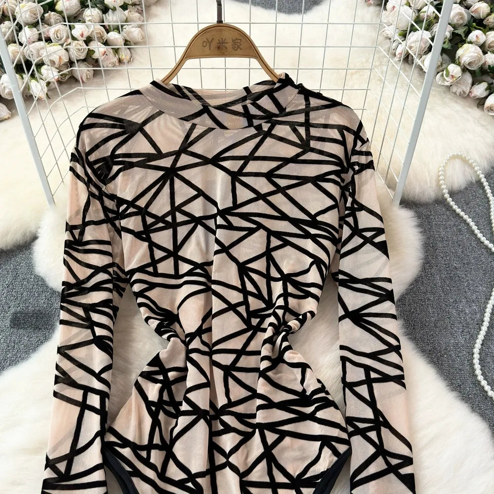 Foamlina Sexy Hollow Out Mesh Bodysuits for Women Fashion Striped Print Stand Collar Long Sleeve Slim Fit Club Party Jumpsuits