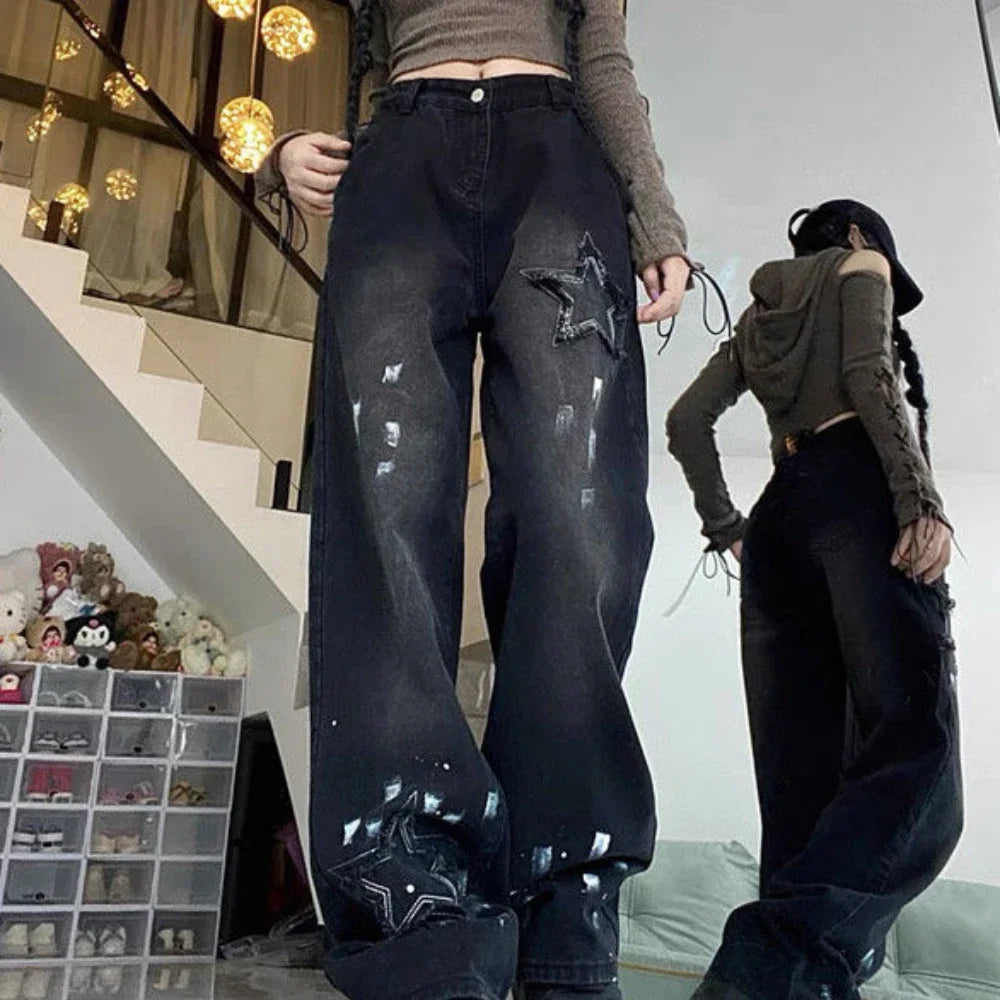 With Pockets Black Trousers Star Straight Leg Pants for Women High Waist Shot Womens Jeans Trend 2024 Pant Loosefit Grunge Y2k Z