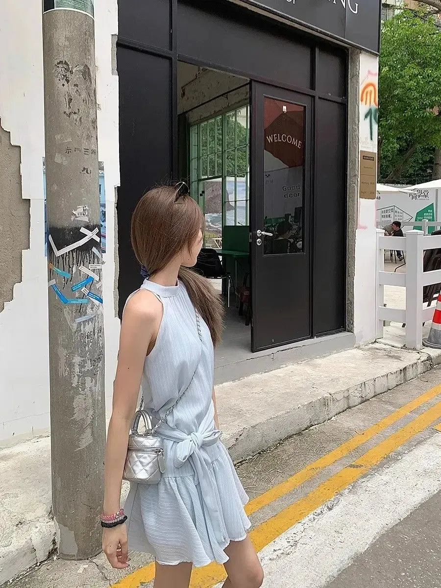 French Style Off-Shoulder Blue Summer Dress Women's Fashion Knot Waist A- Line Mini Skirt Black Short Skirt Sleeveless Gown