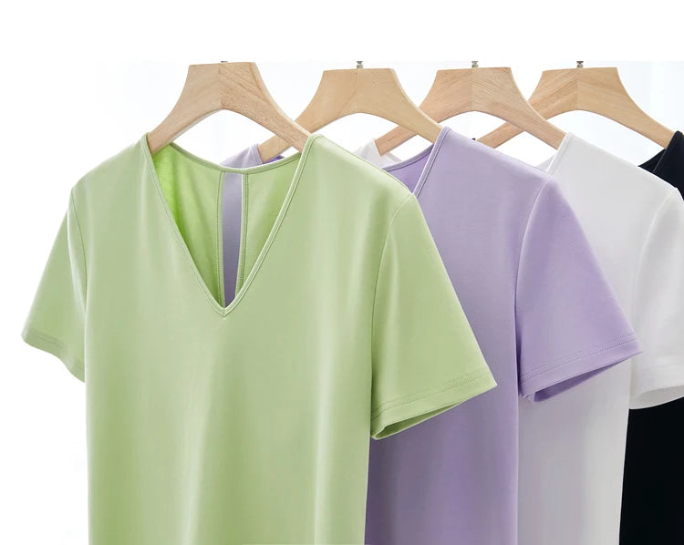 AMII Minimalism 100% Cotton Hollow Out Solid Short Sleeves Tees 2025 Spring New V Neck Top Women Casual Female T Shirt 12342289