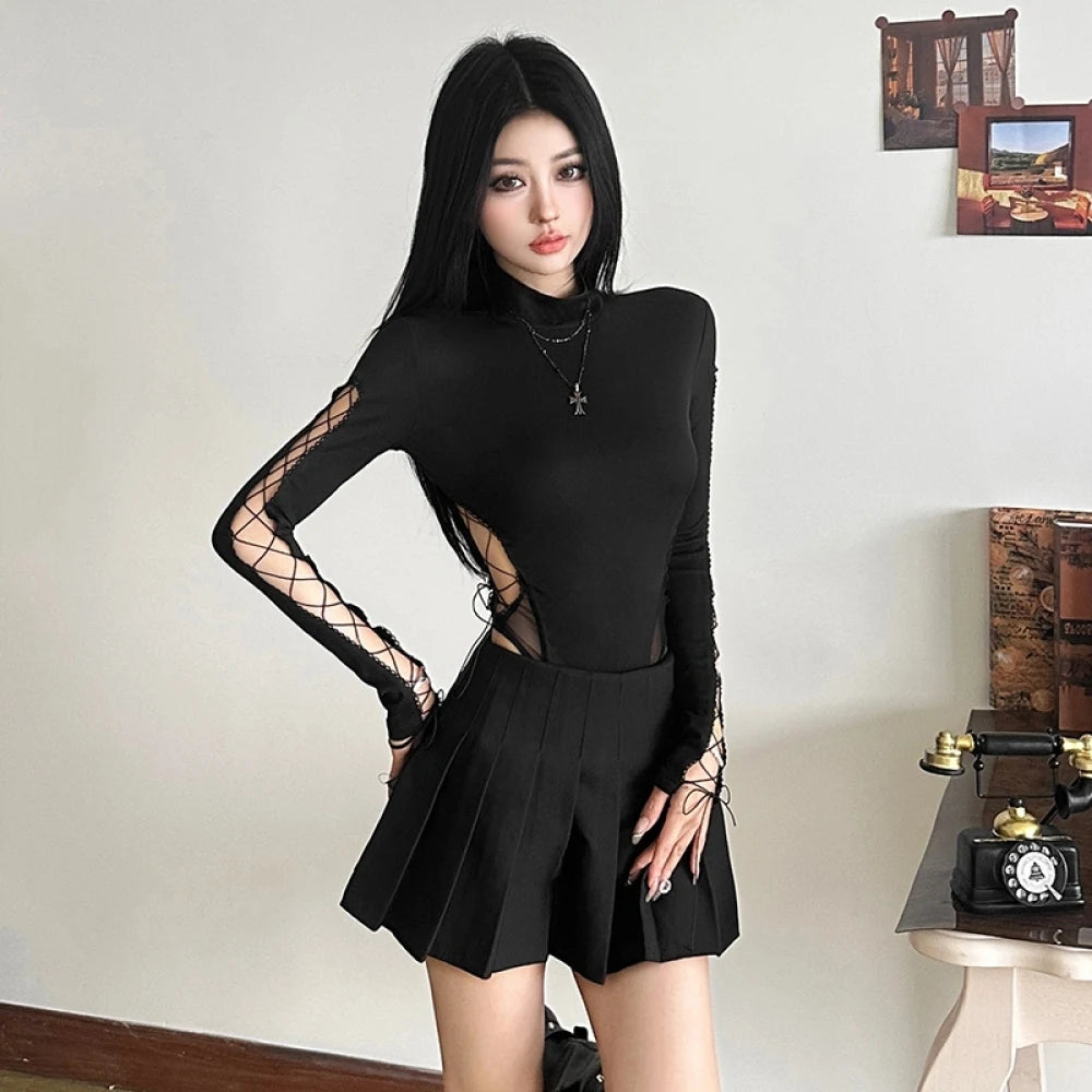 SylCue Irregular Hollow Solid Skinny Bodysuit Women Turtleneck Shirring Full Sleeve Spicy Girl Fashion Trend Classic Streetwear