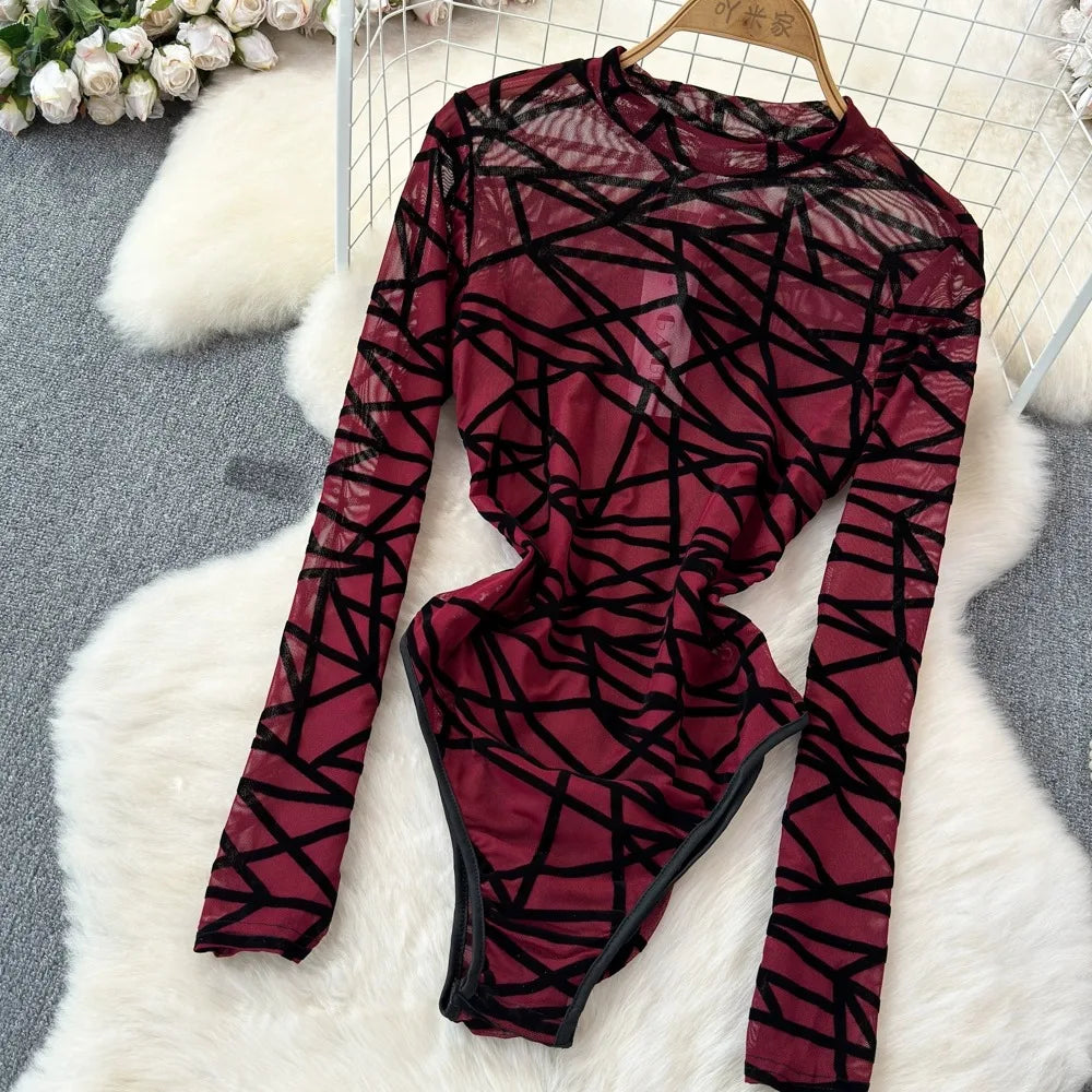 Foamlina Sexy Hollow Out Mesh Bodysuits for Women Fashion Striped Print Stand Collar Long Sleeve Slim Fit Club Party Jumpsuits