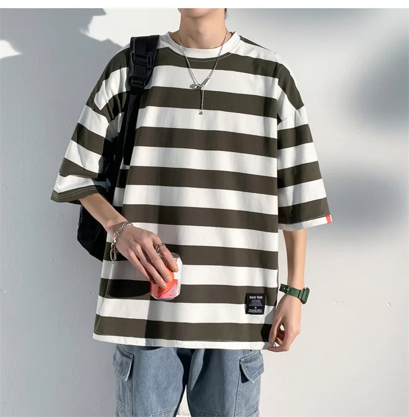 Men's Cotton T-shirt Striped Mens Oversized T Shirts Split Hem Fashion Tee Shirts Casual Wear Summer Tshirt 5XL Big Size for Man