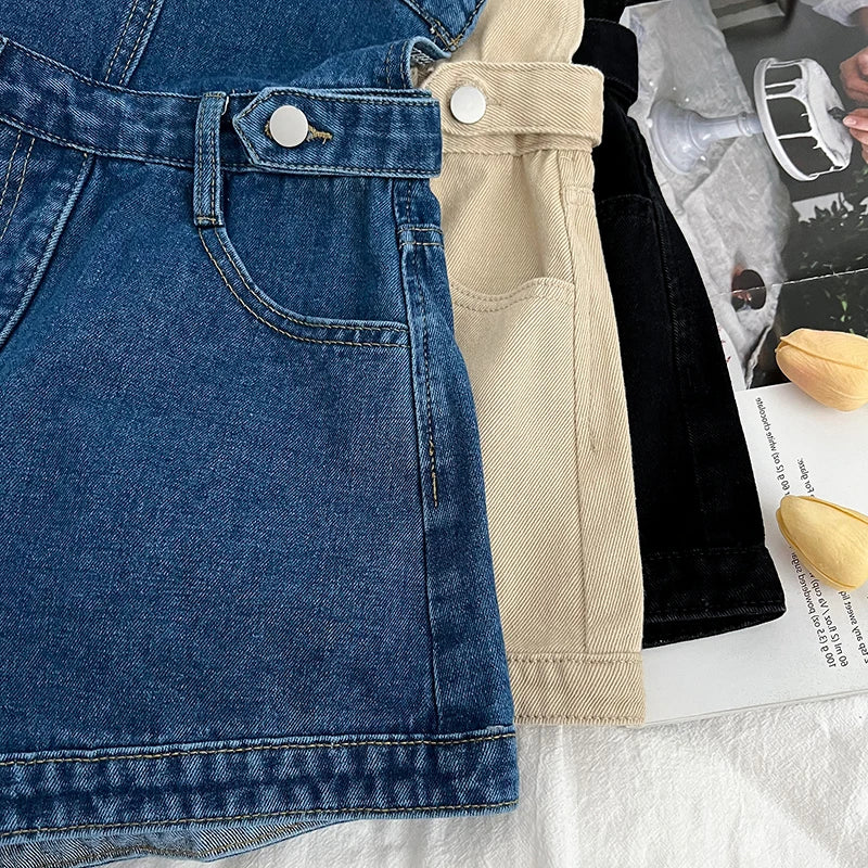 Casual Denim Jumpsuits Women Spring Summe Retro Short  Fashion  One-shoulder Wide Leg Pants 2024 New Cool Girls Streetwear