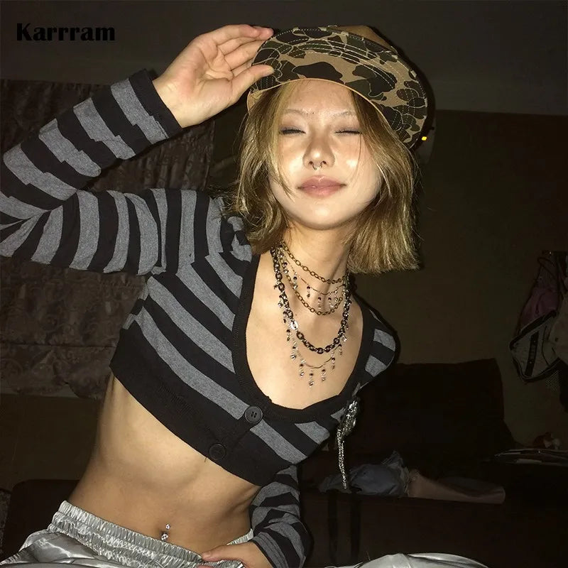 Karrram Trashy Y2k Crop Top Japanese 2000s Style Striped Long Sleeved T-shirt Vintage Harajuku High Street Tops American Retro