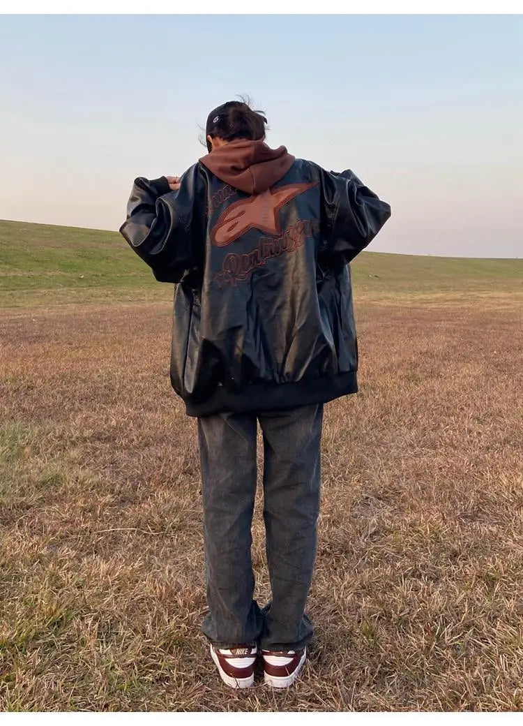 American retro letter embroidery leather Jacket Coat women's Y2K street hip-hop trend baseball suit couple casual leather jacket