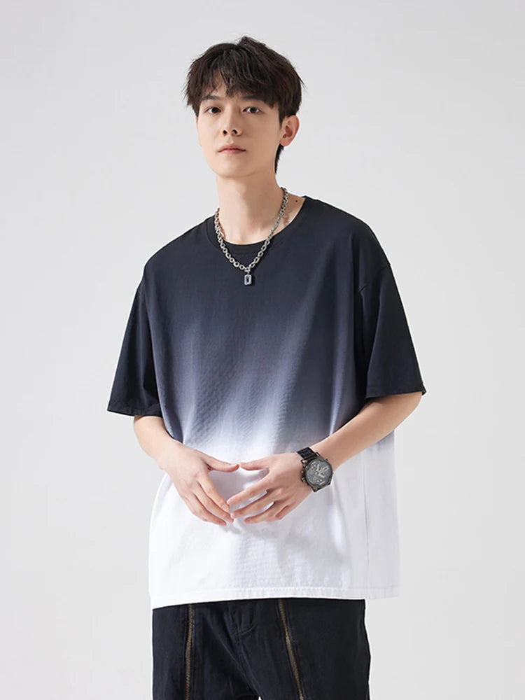 Men's Gradient Dyeing T-shirts 230Gsm Cotton Korean Vintage Street Style Oversized Tees Short Sleeve Loose Fit Basic Tops