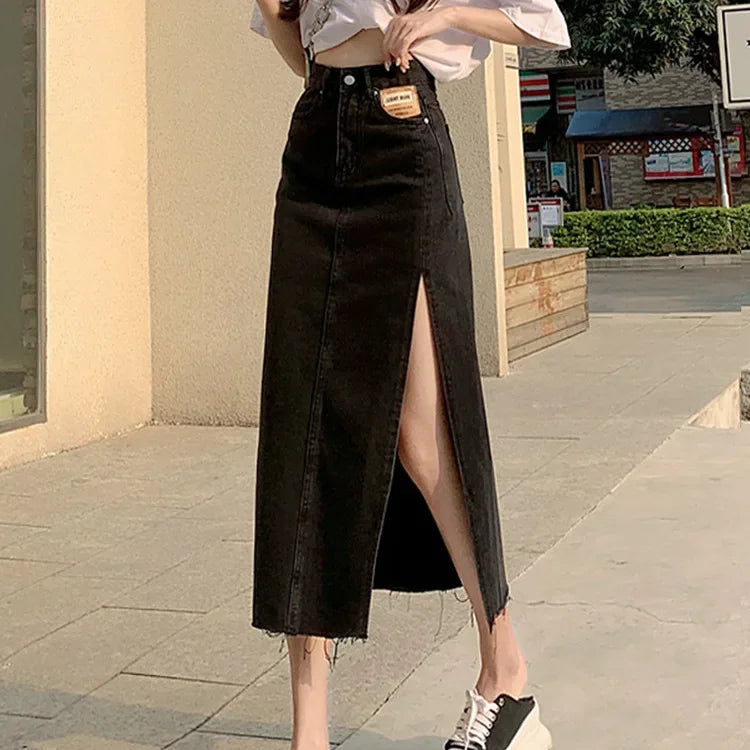 Mid-Length Denim Mini Skirt for Women High Waist Slimming Split Knee-Length Summer Trendy Cotton Half Body Skirts