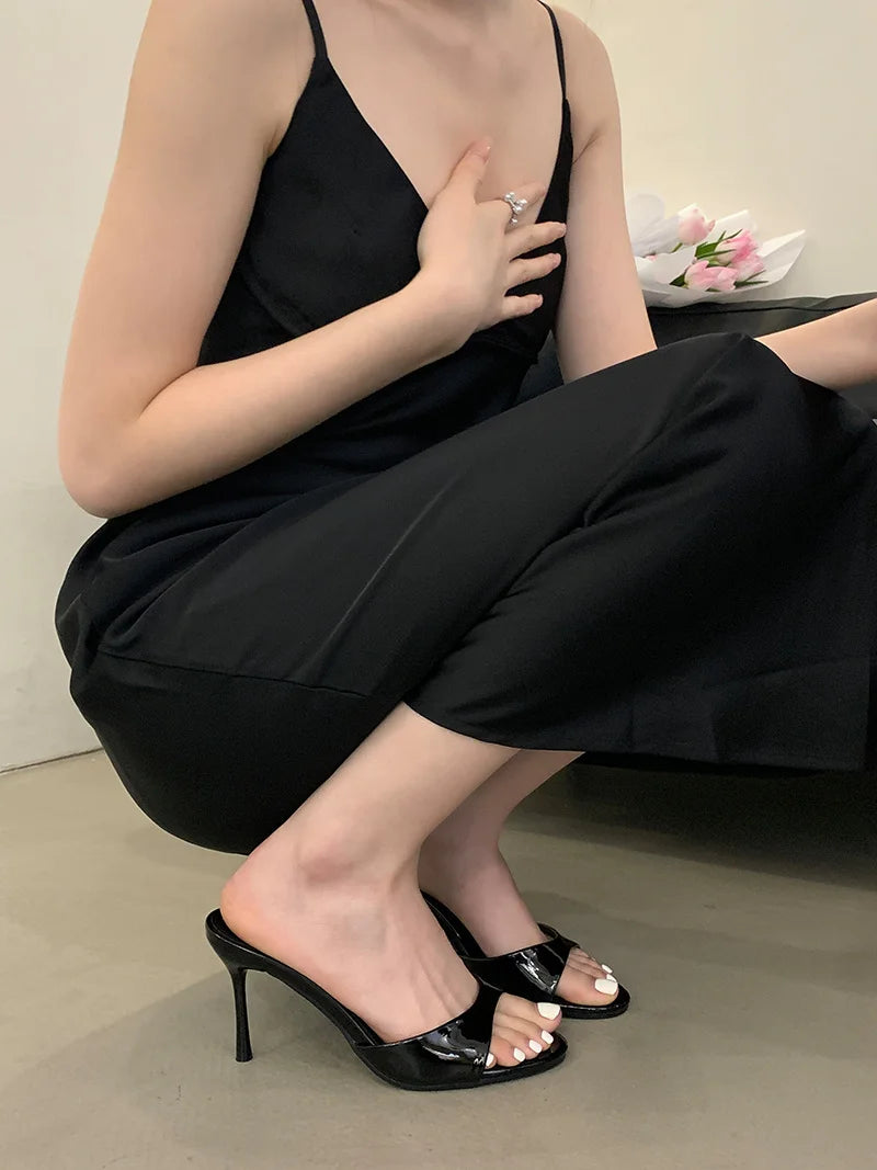 Liyke Wine Red Patent Leather Women Slippers Sandals Fashion Round Open Toe Thin High Heels Mules Slides Summer Party Dress Shoe