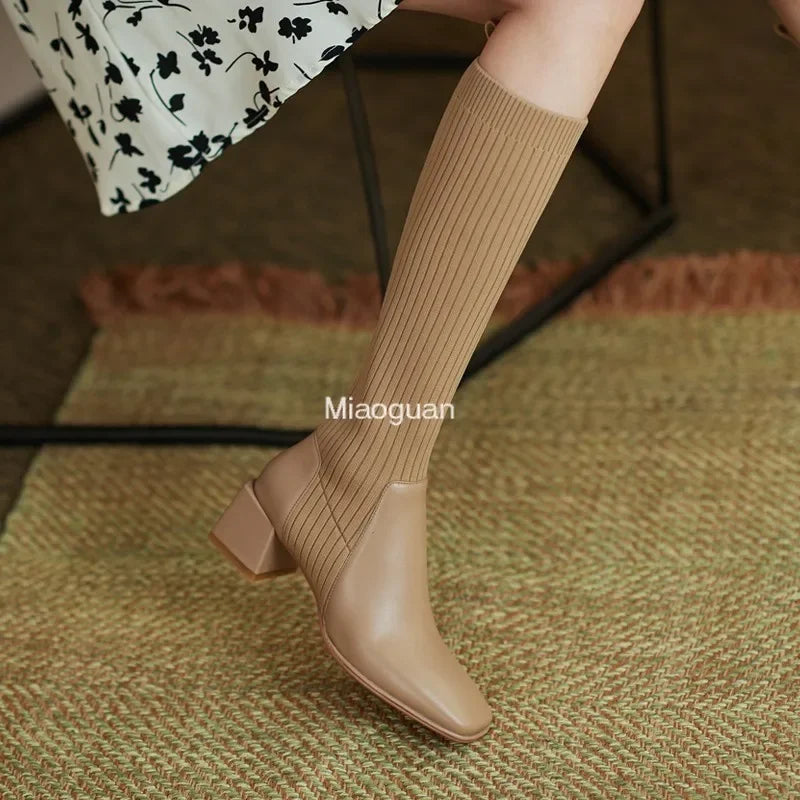 Women's Knee High Boots Luxury Knitted Leather Brown Black Block Heels Warm Classic Elastic Long Boot Winter Shoes Large Size 40