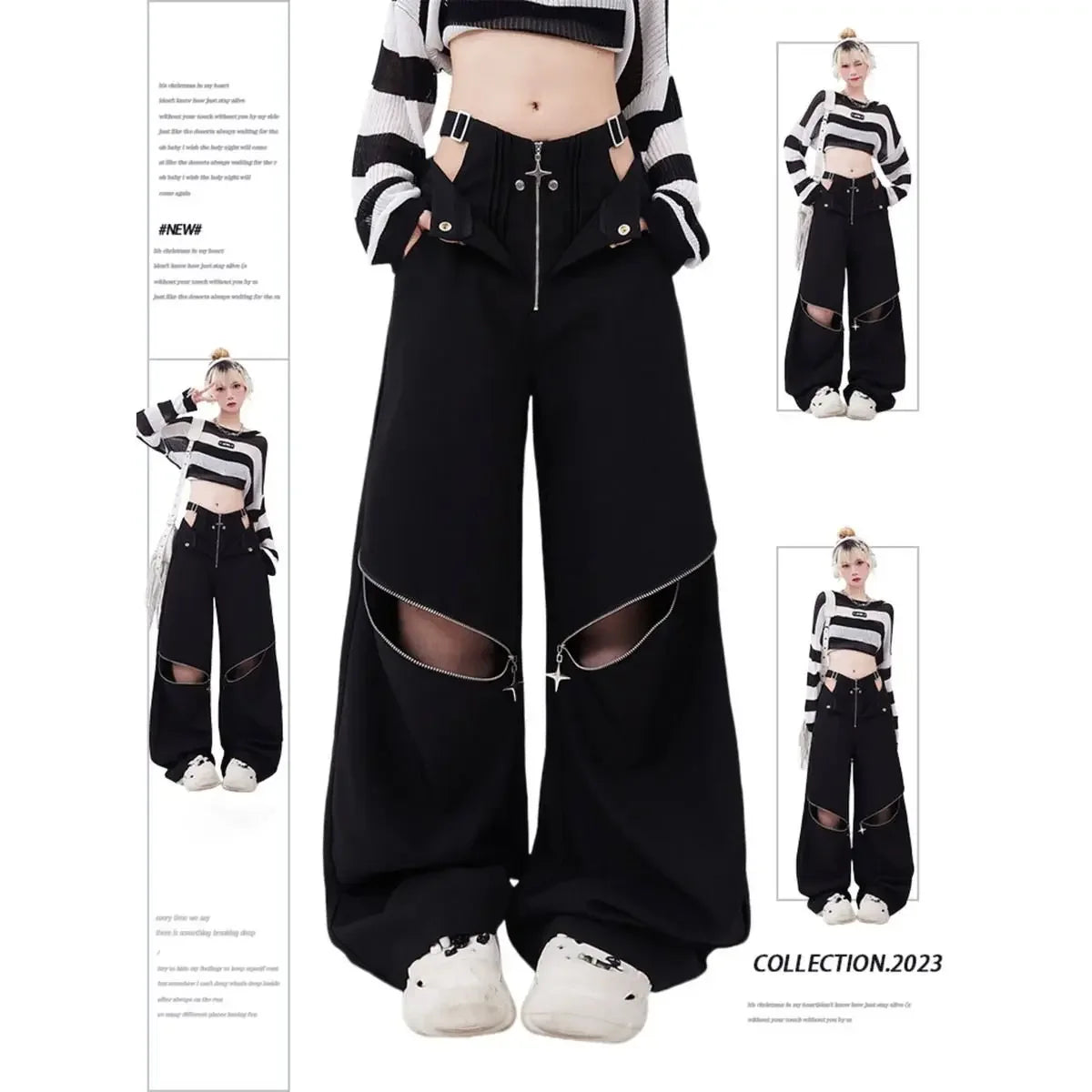 Hollow Out Zipper Design Pants Black Cargo Sweatpants Women Y2k Fashion Baggy High Waist Wide Leg Sport Pants Causal Trousers