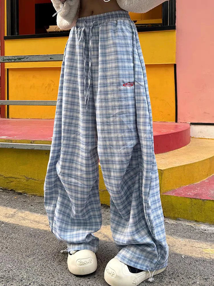 Zoki Streetwear Y2K Plaid Pants Women Vintage American High Waist Scimitar Pants Harajuku Oversize Loose Bf Casual Trousers New