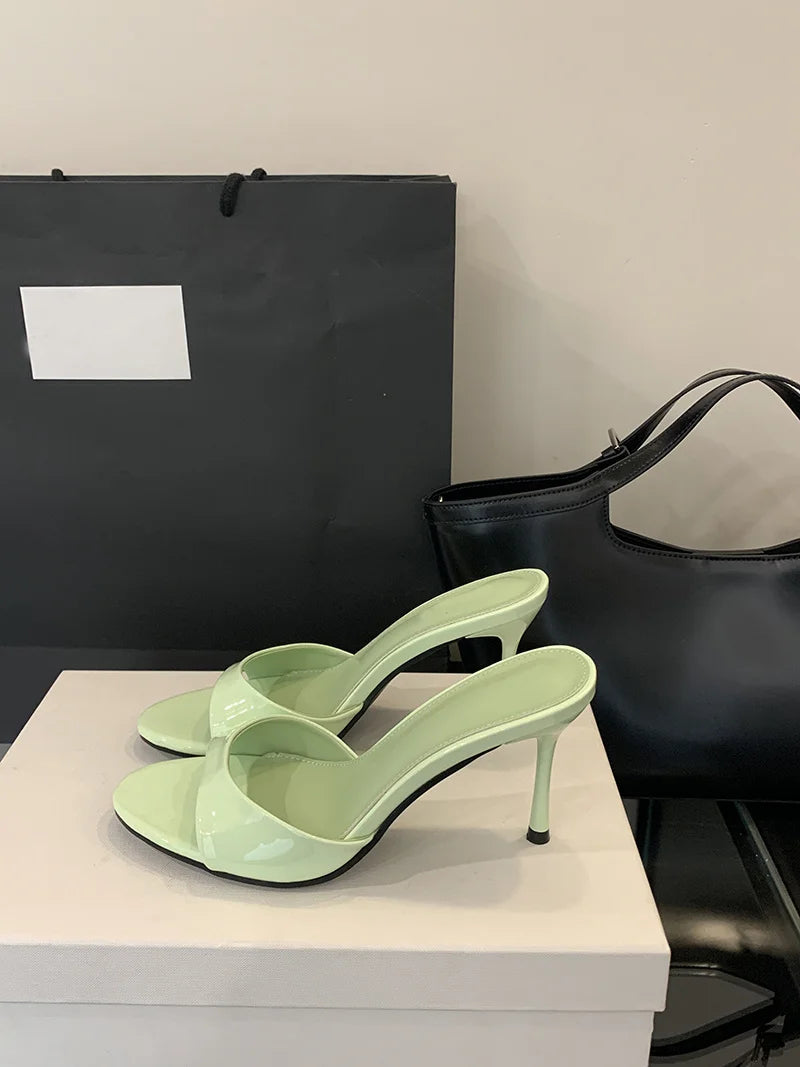 Liyke Wine Red Patent Leather Women Slippers Sandals Fashion Round Open Toe Thin High Heels Mules Slides Summer Party Dress Shoe