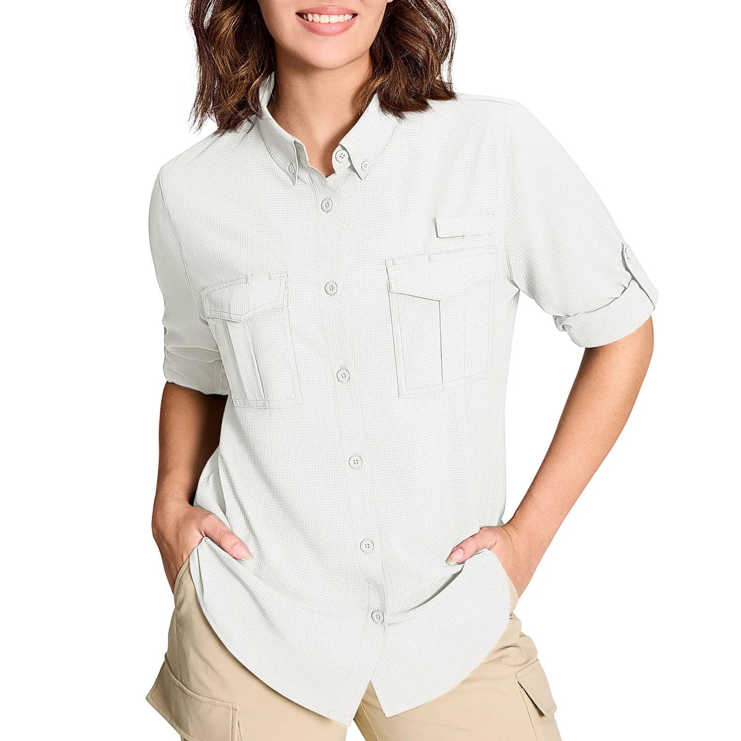 TACVASEN Womens UPF 50+ Fishing Shirts UV Block Quick Dry Long Sleeve Cargo Shirts Breathable Mesh Outdoor Trekking Hiking Shirt