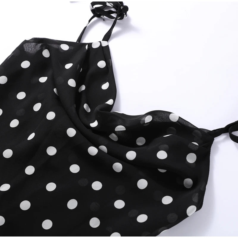 Retro Polk Dot Long Dress With Ribbon Women Sexy Low Cut Sleeveless Pleated Slim Evening Dresses Female Spring Chic Street Party