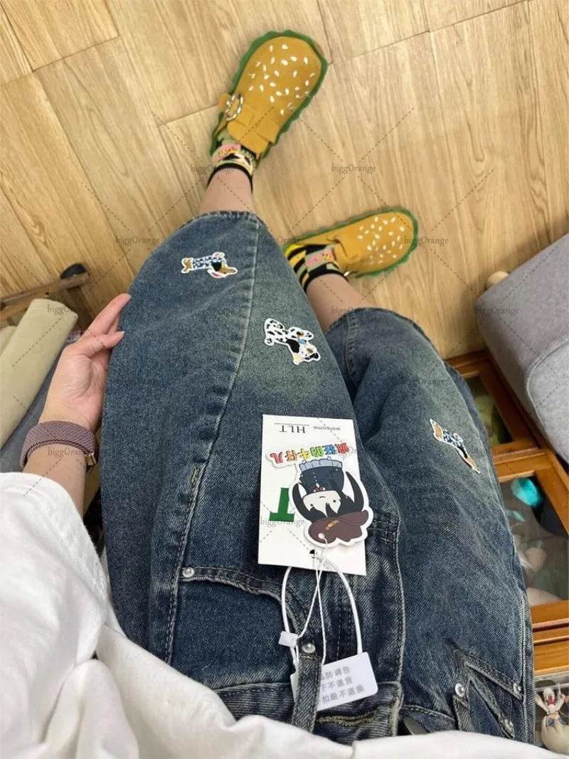 Retro High Street American Puppy Embroidered High Waist Loose Fashionable Jeans Men Harajuku Casual Punk Straight Pants Women