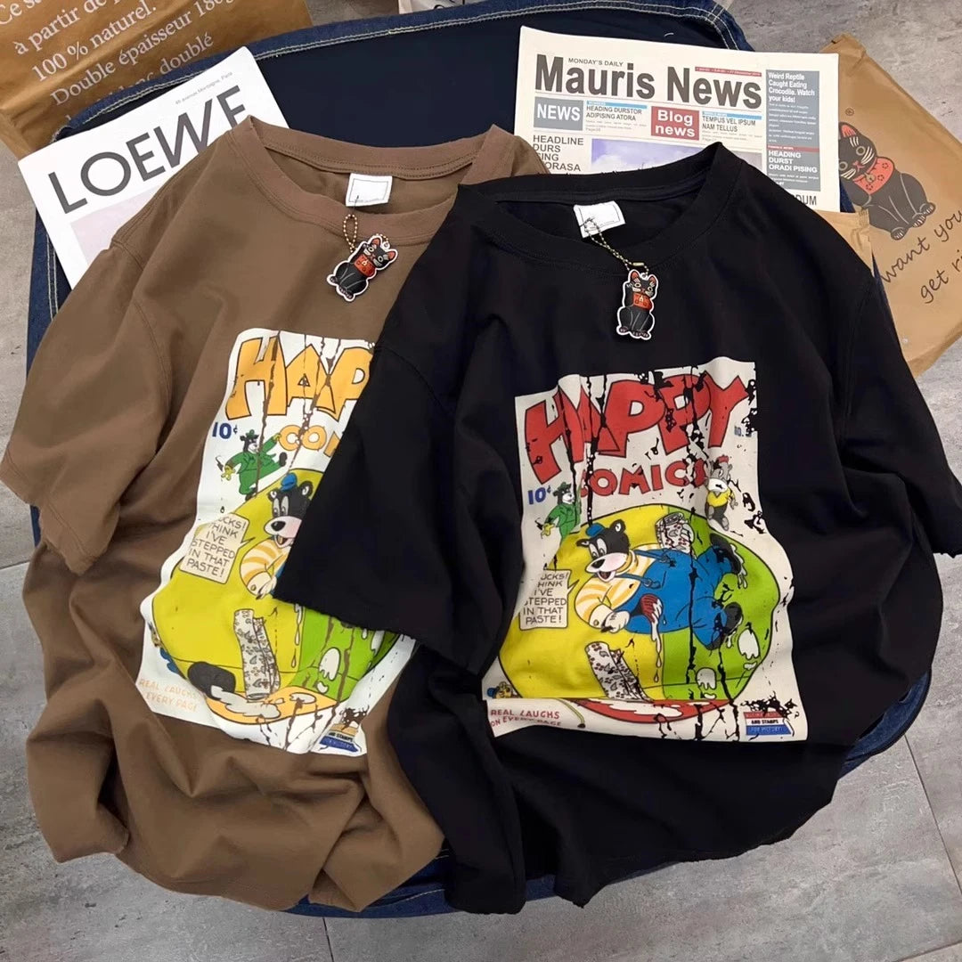 Retro Japanese Cartoon Print Loose ort Sve T-irt Women's Summer Korean Sle Chic Hong Kong Sle Student f Sve Top