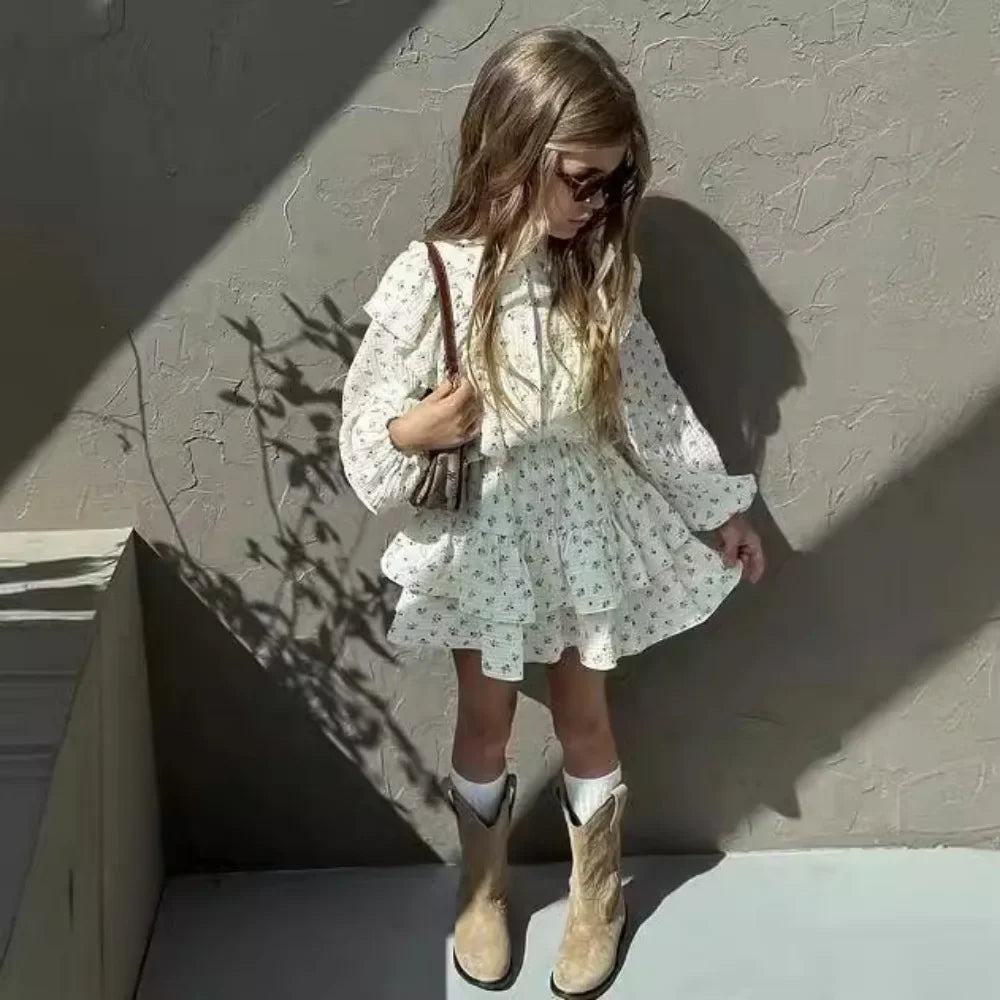 4478-1  Children Clothing Set 2024 INS Russian Girl's Dress Autumn Floral Lace Shirt+Cake Skirt Two-piece Set