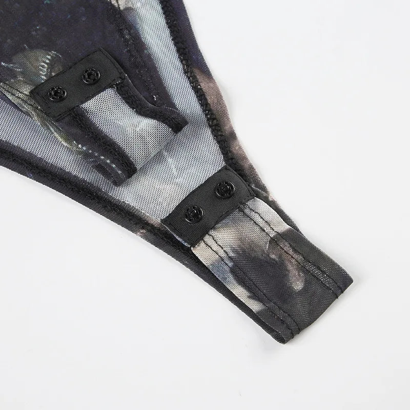 Goth Dark 90s Retro Print Mesh Long Sleeve Skinny Bodysuits Cyber Y2K Sheer Tops Women Gothic Lace Patchwork Bodysuit Streetwear