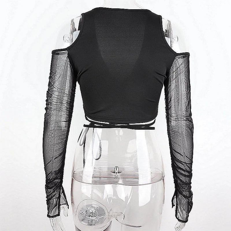 Sexy Black Crop Tops Streetwear Women Fashion 2024 Lace Up Bandage V Neck Cut Out Long Sleeve T Shirts