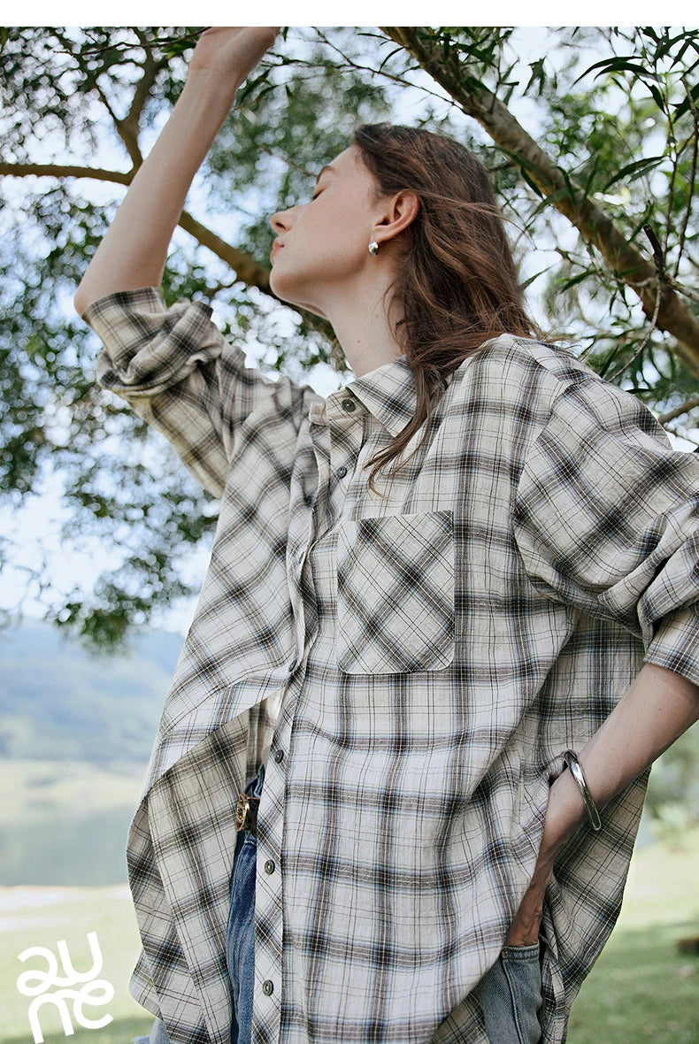 TOYOUTH Women Long Sleeve Blouse Shirt 2025 Spring New Cotton Plaid Retro Turn Down Collar Casual Shirt Tops