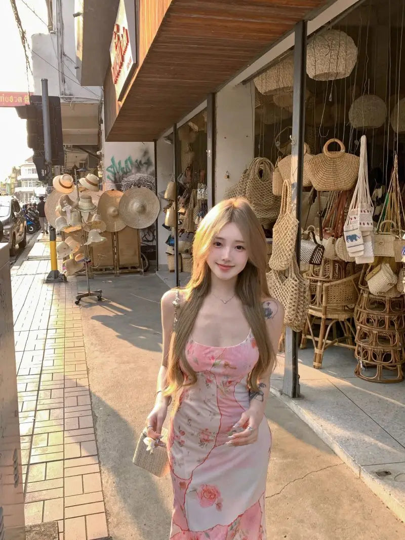 Summer Floral  Boho Dress Women Sleeveless Slim Fit Party Midi Dress  Mesh Patchwork Long Bodycon Elegant Beach Holiday Dress