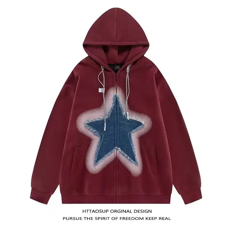 Vintage Star Print Hooded Sweatshirt Unisex Loose Fit Fashion Jacket For Men Women Ideal For Couples