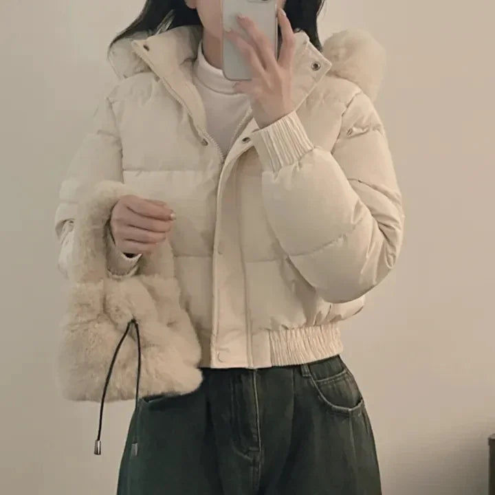South korea Chic Autumn and Winter Fur Collar Hood Short down Coat Women Fashion Thick Warm Fleece-lined Cotton-padded jacket...