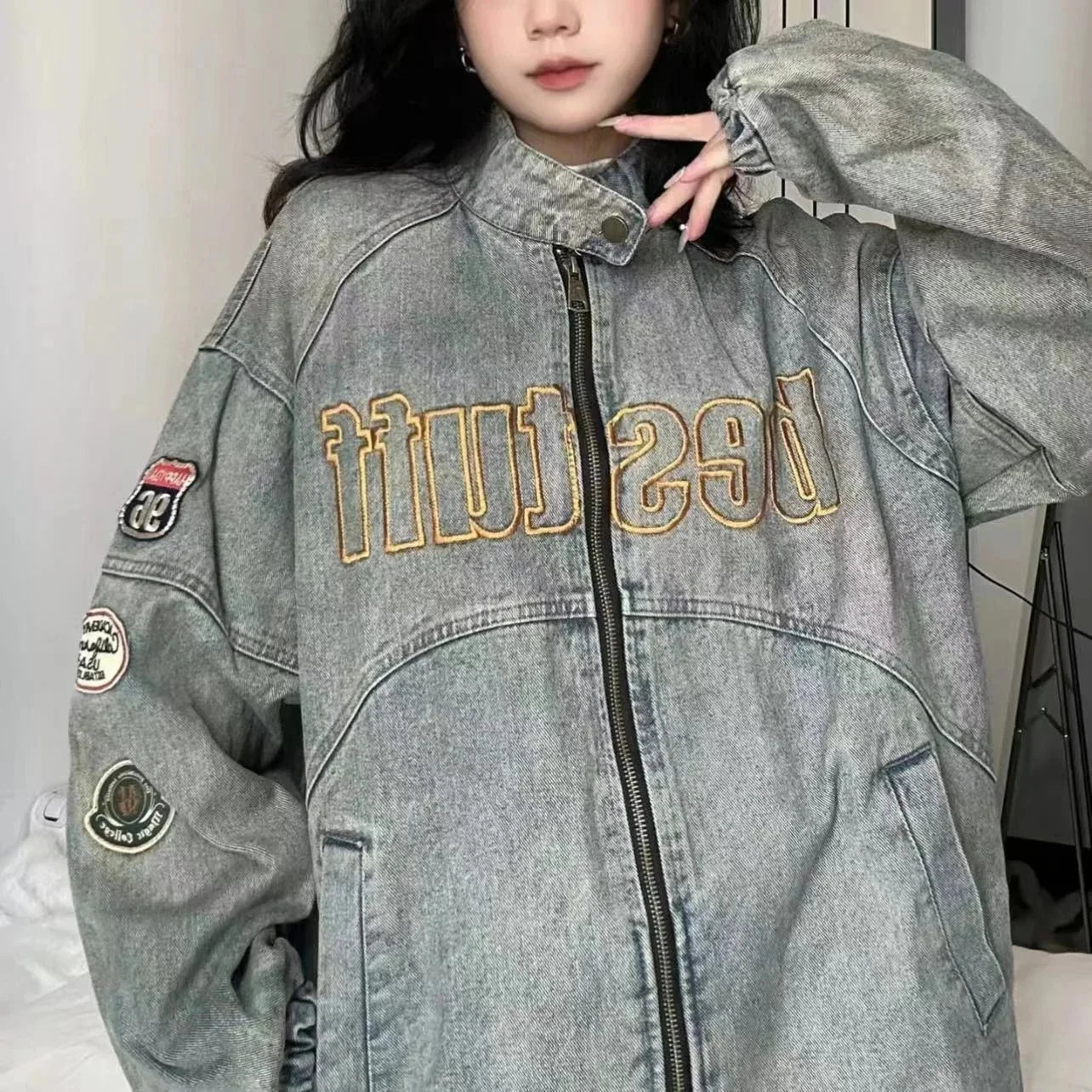 Unisex Embroidered Design Vintage Denim Jacket High Street Loose Coats Hip Hop Stand Collar Baseball Jacket for Women