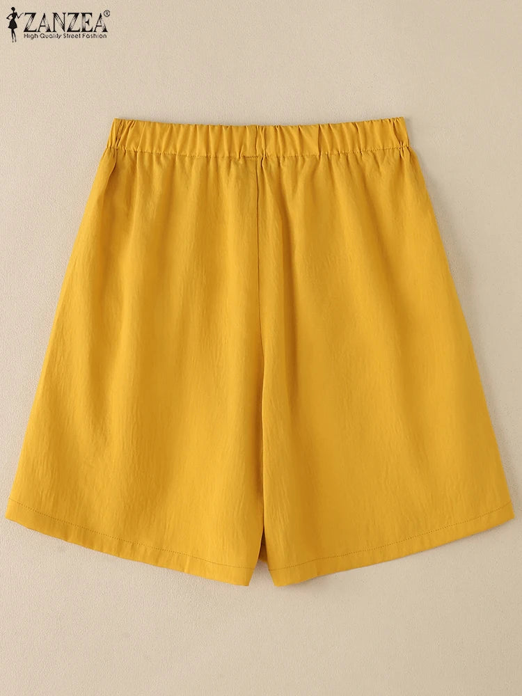 ZANZEA Vintage Summer Shorts Women Fashion High Elastic Waist Pantalons Pockets Solid Color Wide Leg Pants Casual Loose Shorts