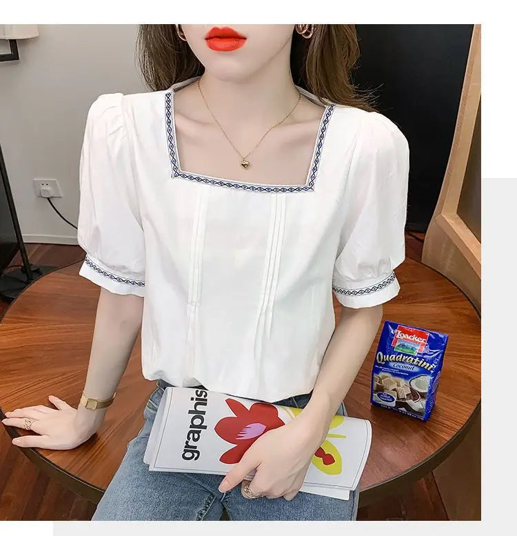 Women Clothing Summer Korean Fashion Embroidered Solid Color Square Collar Puff Sleeve Femme All-match Pleated Short Sleeve Tops
