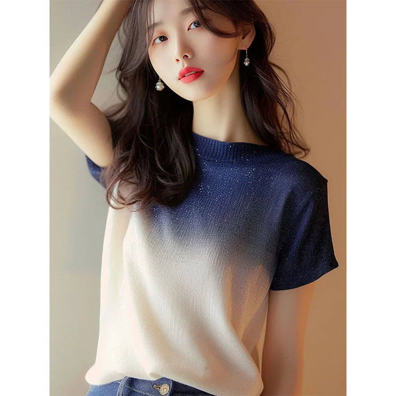 Women Clothes Summer Fashion Korean All-match Fashionable Appear Thin Ice Shreds Gradient Color Temperament Short Sleeve Tshirt