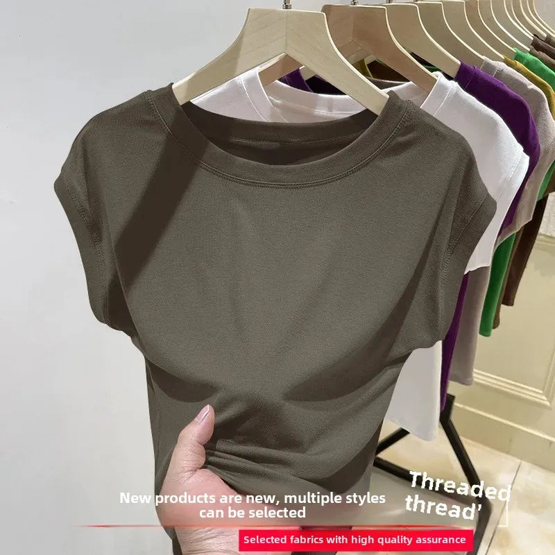 Short Sleeve Ice Silk T-Shirt Women's Loose Fashionable Youthful Small Flying Sleeve Top Knitted Crew Neck Other Pattern Types