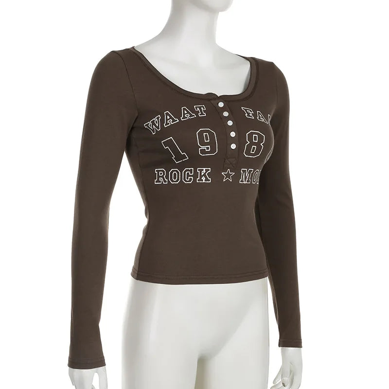 Black T-shirt Women Autumn Letter Print Streetwear Long Sleeves O-Neck Bodycon Sexy Top Button Fashion Casual Slim Tees Female