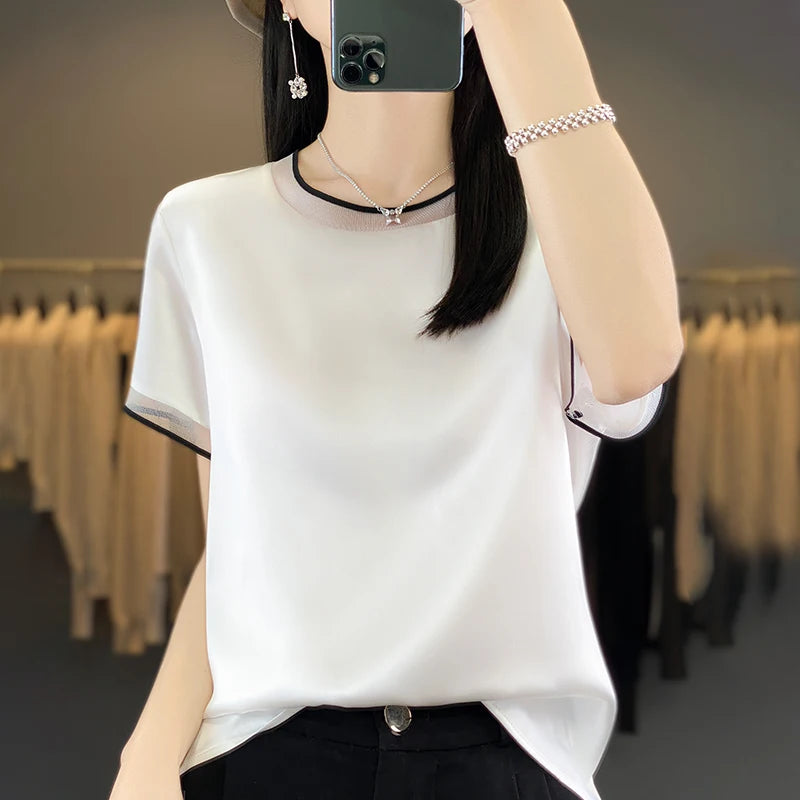 Oversize New Arrival T-Shirt Silky Satin Surface Women's Tees Short ONeck Tank Top Casual Slim Solid Lady Clothes Fashion Trends