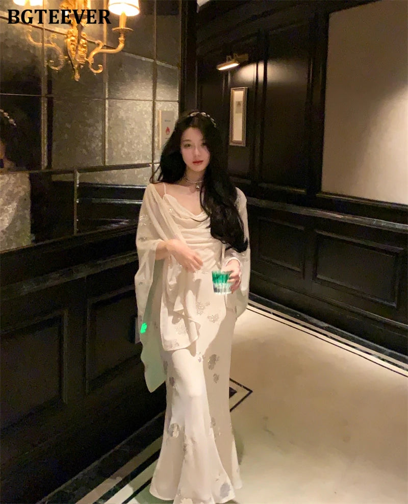 BGTEEVER Autumn Winte Slim OL Embroidery Set Long Sleeve Cardigans & Spaghetti Strap Package Hip Dress Ladies 2 Pieces Set