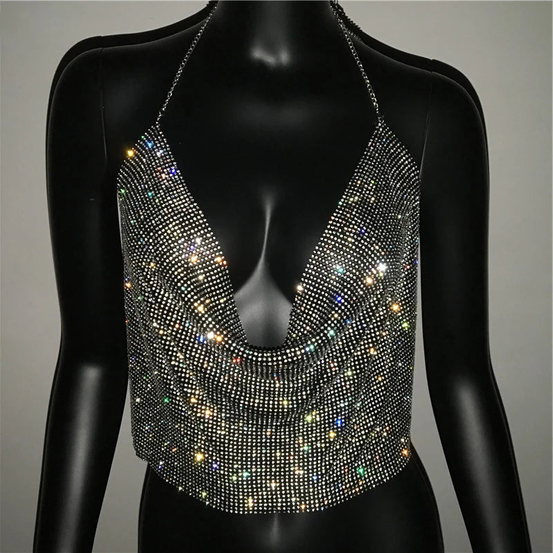 Festival Brilliant Rhinestone Backless Party Crop Top Women 2024 Summer Glitter Evening V Neck Diamonds Metal Tank Tops